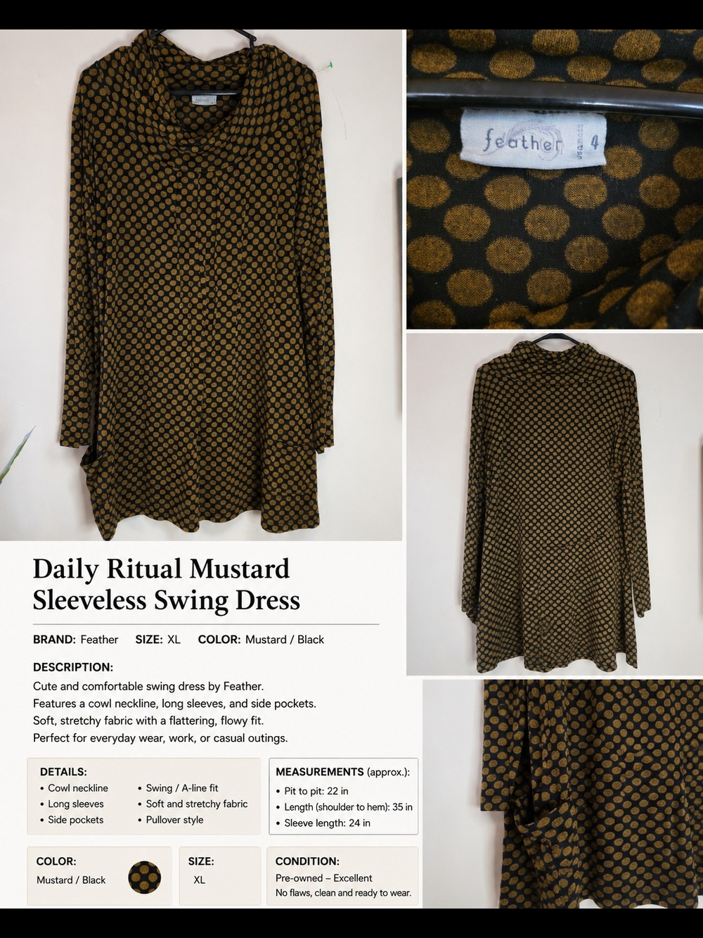 feathers Mustard and Black Polka Dot Mini Dress